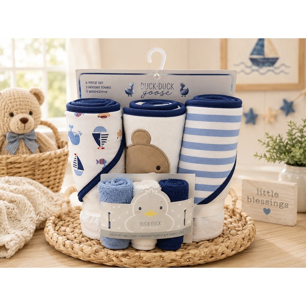 Duck Duck Goose Baby Boys' 6-Piece Towel & Washcloths Set - blue/multi, one size